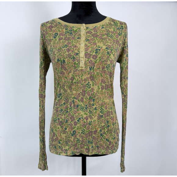 Sundry Ribbed Floral Henley Top Size 2‎ Medium Slim Fit Snap Button Fairy Grunge - Picture 1 of 6
